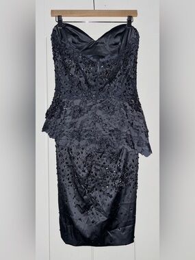 Mandalay Strapless Blue Grey Beaded Lace Peplum Cocktail Formal Gala Dress Sz 10